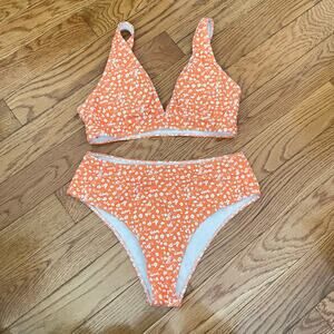 Floral Print Bikini High Waisted Women Medium Orange White Summer Beach Vacation
